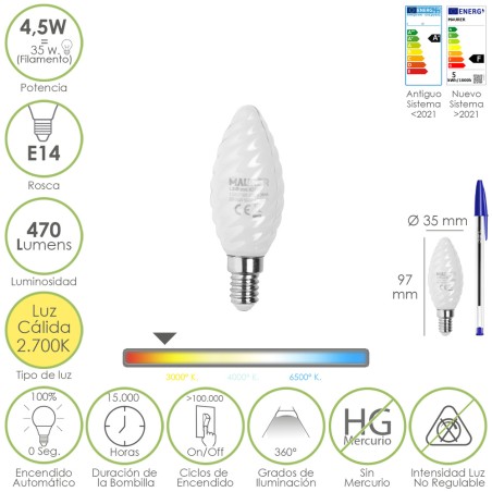 Bombilla Led Filamento Vela Esmerilada E14. 4,5 Watt. Equivale A 35 Watt. 470 Lumenes. Luz Calida 2700 K.