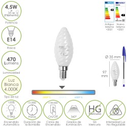 Bombilla Led Filamento Vela Esmerilada E14. 4,5 Watt. Equivale A 35 Watt. 470 Lumenes. Luz Neutra 4000 K.