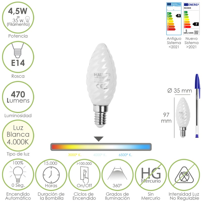 Bombilla Led Filamento Vela Esmerilada E14. 4,5 Watt. Equivale A 35 Watt. 470 Lumenes. Luz Neutra 4000 K.