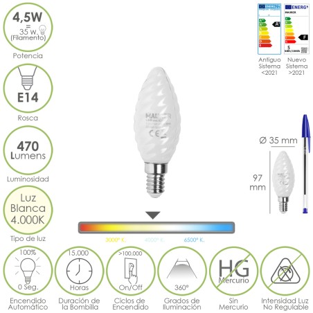 Bombilla Led Filamento Vela Esmerilada E14. 4,5 Watt. Equivale A 35 Watt. 470 Lumenes. Luz Neutra 4000 K.