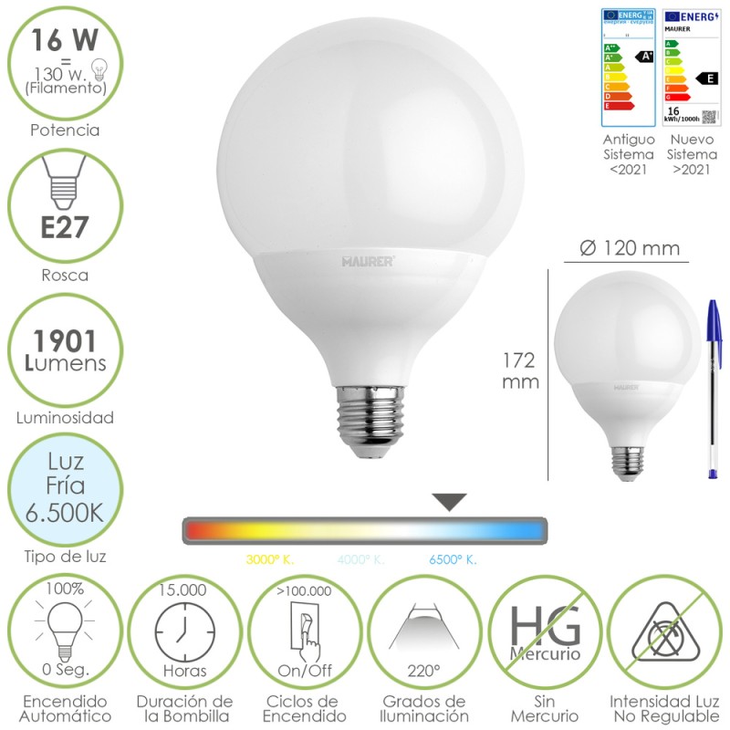 Bombilla Led Globo Rosca E27. 16 Watt. Equivale A 130 Watt. 1901 Lumenes. Luz Fria 6500 K.