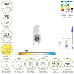 Bombilla Halogena G-9. 18 W. 205 lumenes. Luz cálida (3.000 K)